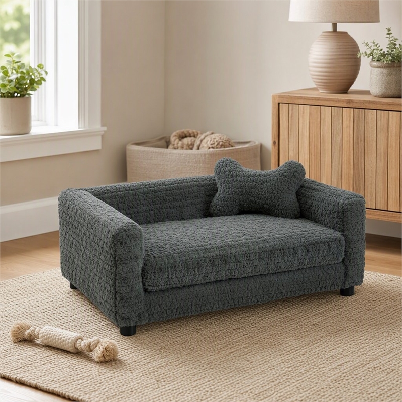 Pemberly Row Faux Fur Dog Bed with Bone Pillow in Plush Fabric