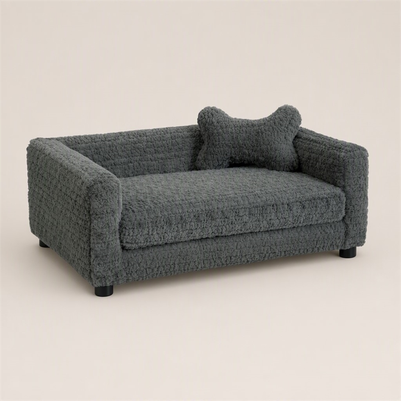 Pemberly Row Faux Fur Dog Bed with Bone Pillow in Plush Fabric