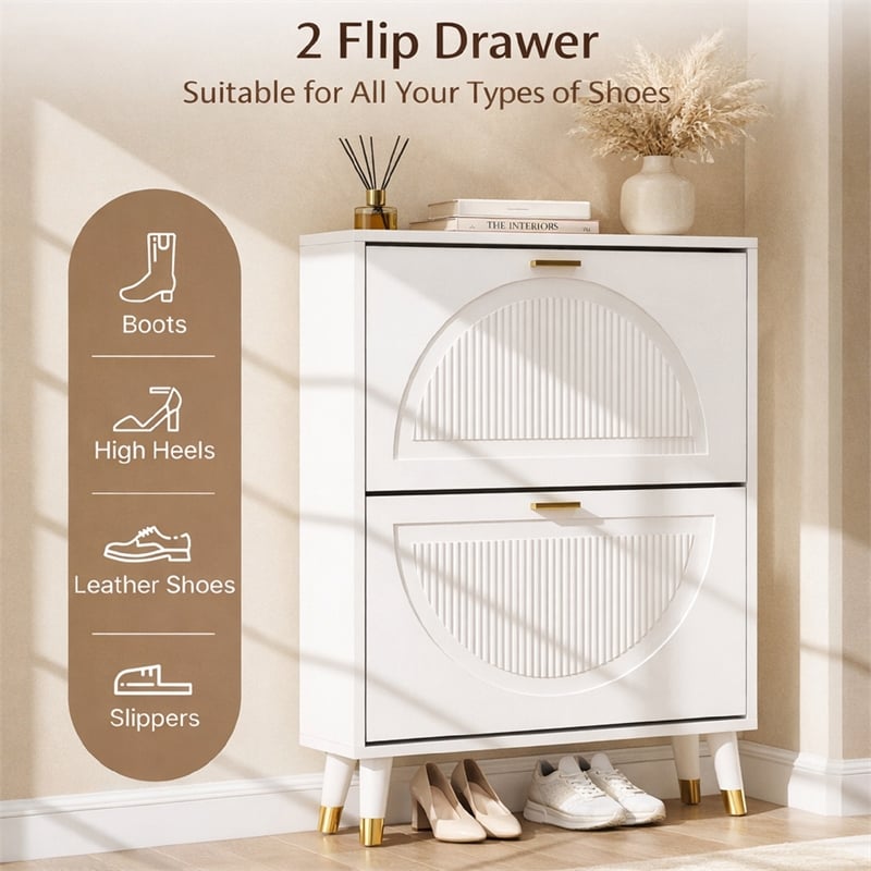 Pemberly Row Slim Shoe Cabinet with 2 Flip Drawers and Metal Legs