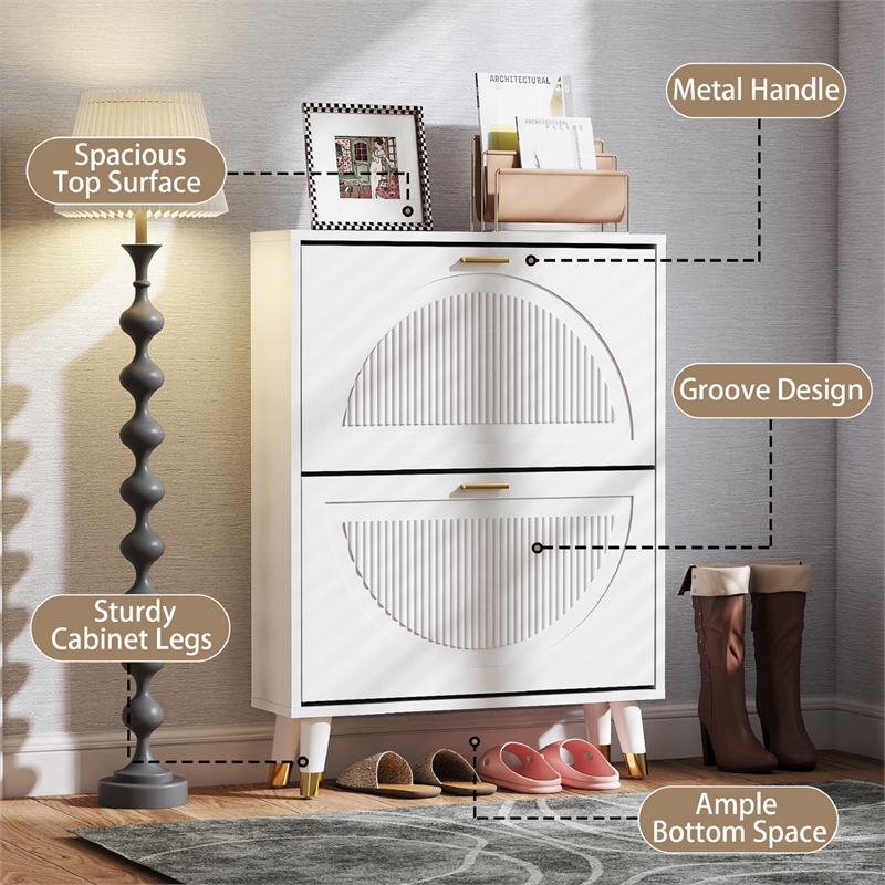 Pemberly Row Slim Shoe Cabinet with 2 Flip Drawers and Metal Legs