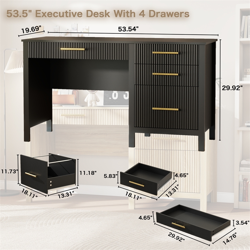 Pemberly Row Executive Desk with 4 Drawers and File Cabinet in Black