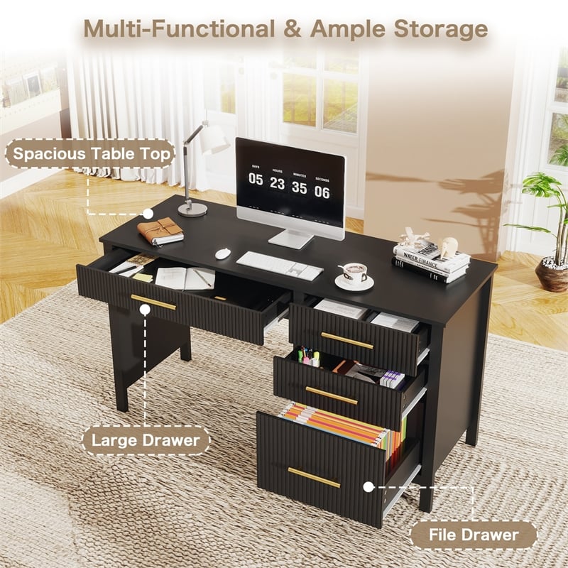 Pemberly Row Executive Desk with 4 Drawers and File Cabinet in Black