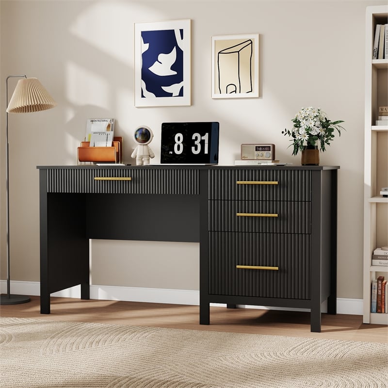 Pemberly Row Executive Desk with 4 Drawers and File Cabinet in Black