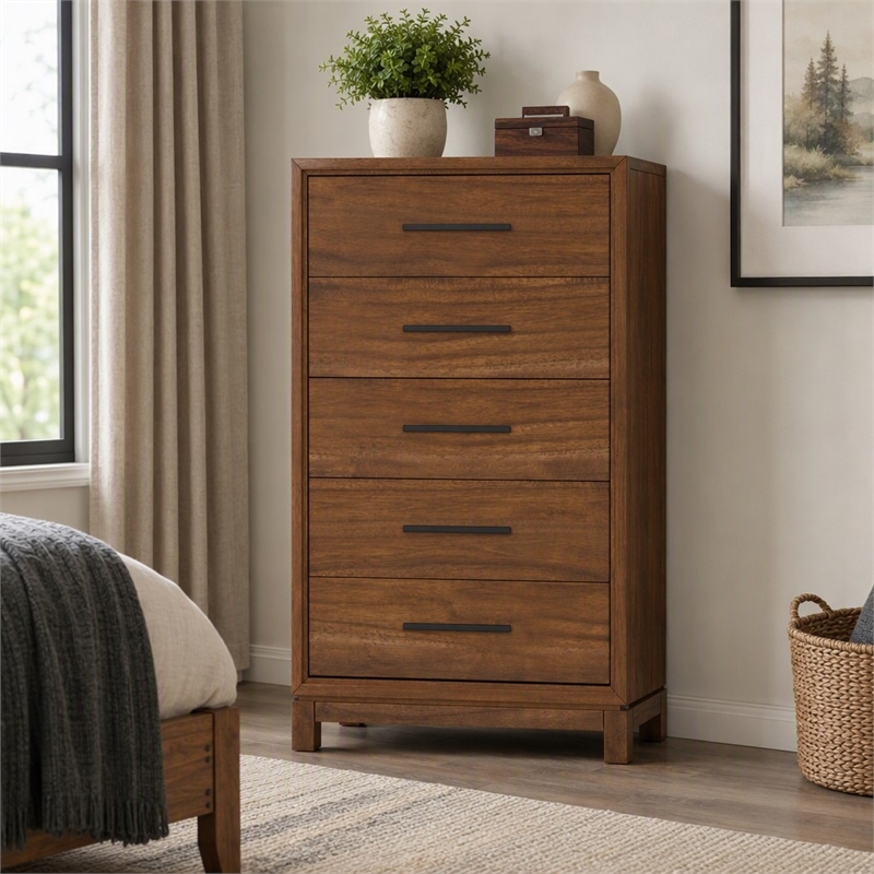 Pemberly Row Honey Maple Mahogany 5-Drawer Chest with Dovetail Build