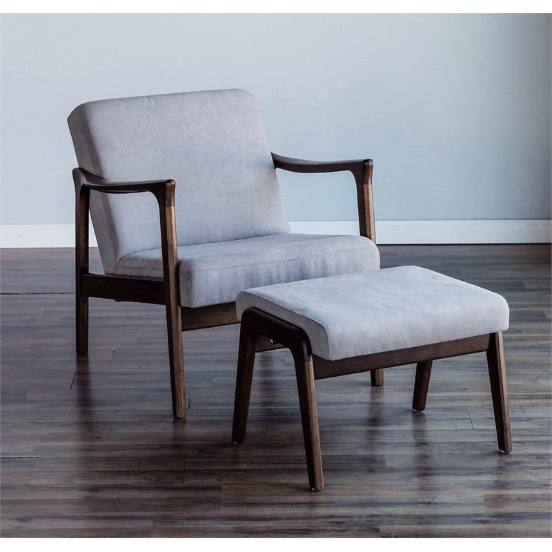 Pemberly Row Wood Lounge Chair in Medium Brown with Light Gray Cushions
