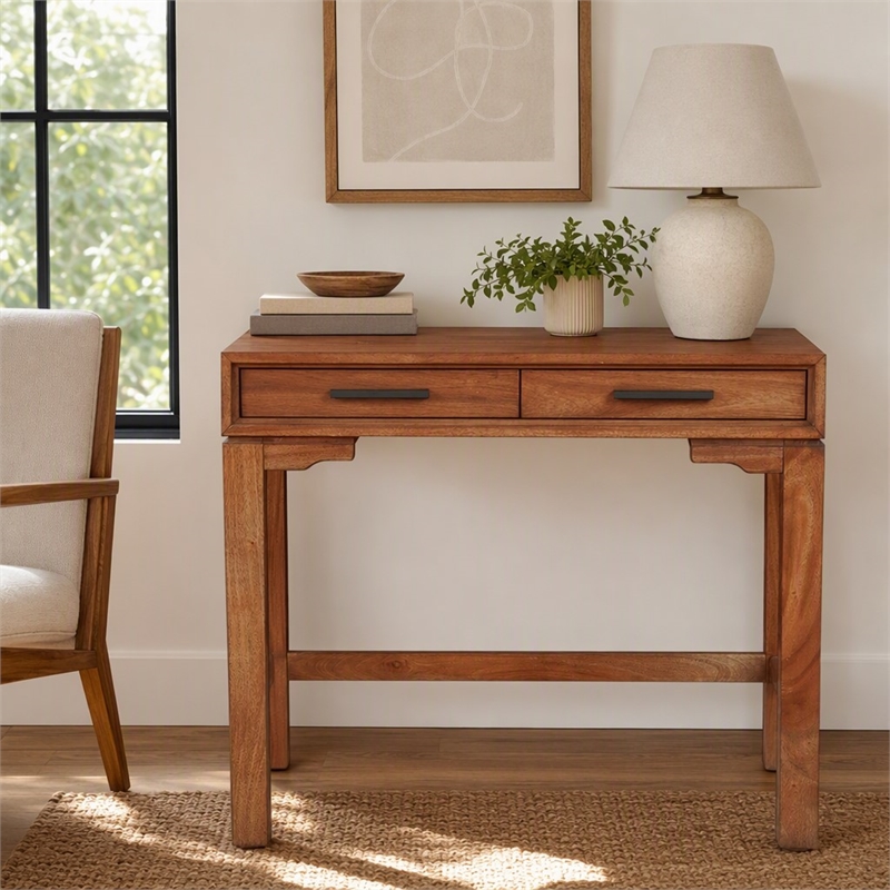 Pemberly Row Mini Desk with Honey Maple Finish and Felt-Lined Drawers
