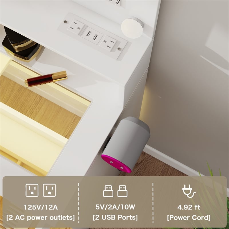 Pemberly Row Makeup Vanity Desk with Lighted Mirror and Charging Station
