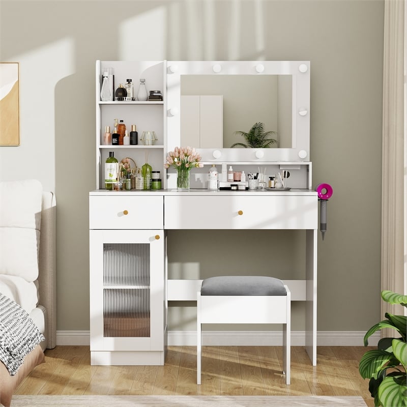 Pemberly Row Makeup Vanity Desk with Lighted Mirror and Charging Station