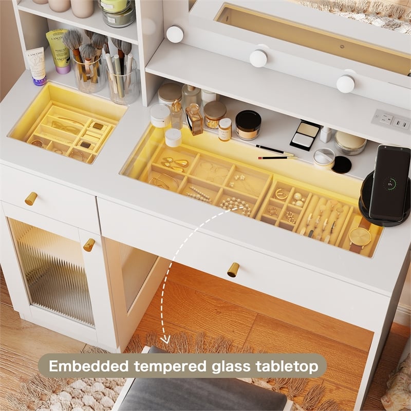 Pemberly Row Makeup Vanity Desk with Lighted Mirror and Charging Station