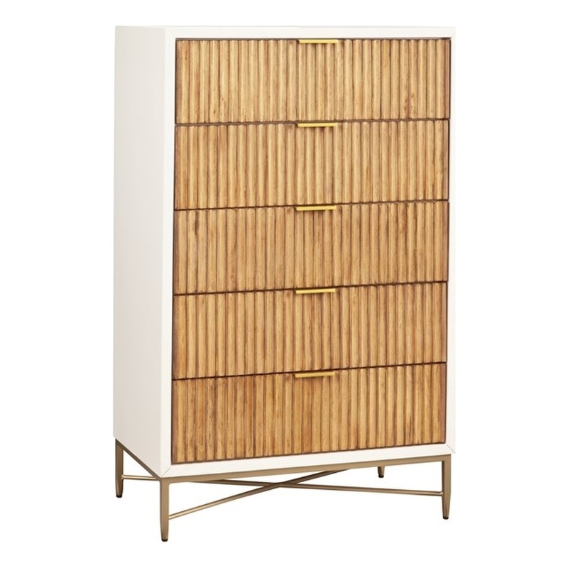 Pemberly Row Wood 5 Drawer Chest in White Mahogany with Gold Details