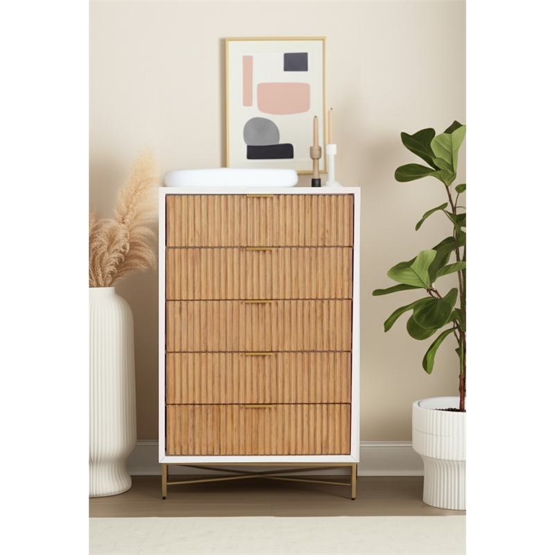 Pemberly Row Wood 5 Drawer Chest in White Mahogany with Gold Details