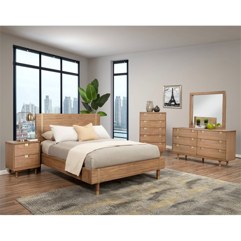 Pemberly Row Eaton King Wood Platform Bed with Mahogany Veneer in Sand Beige