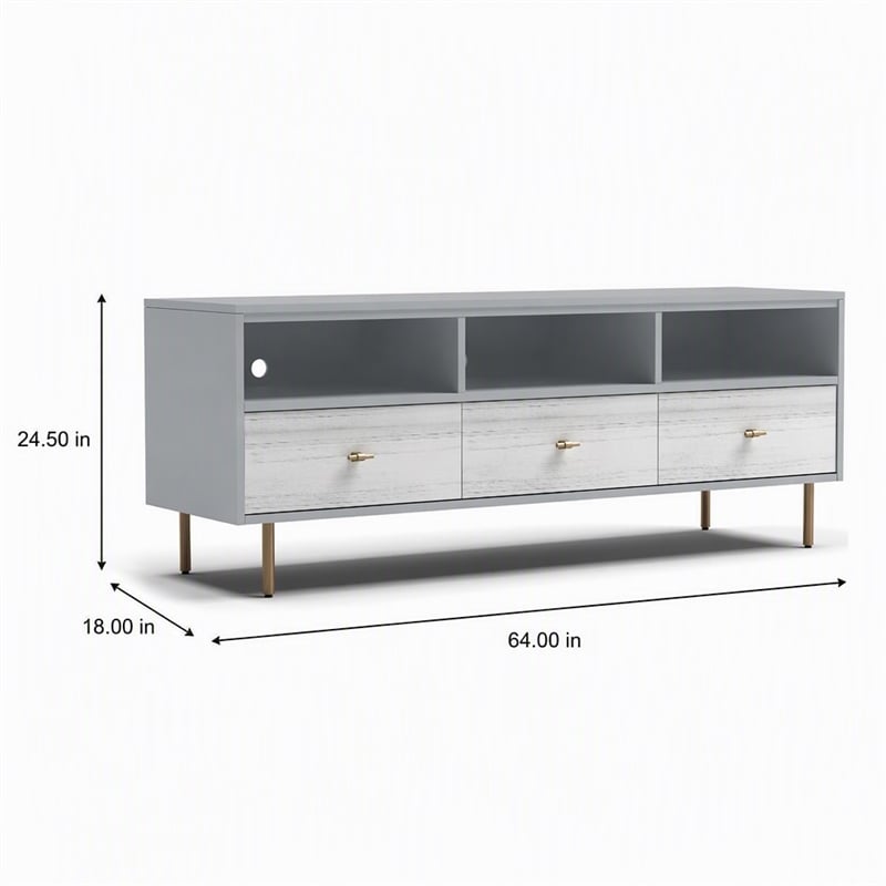Pemberly Row Saige Wood TV Console with 3 Drawers in Weathered White Gray