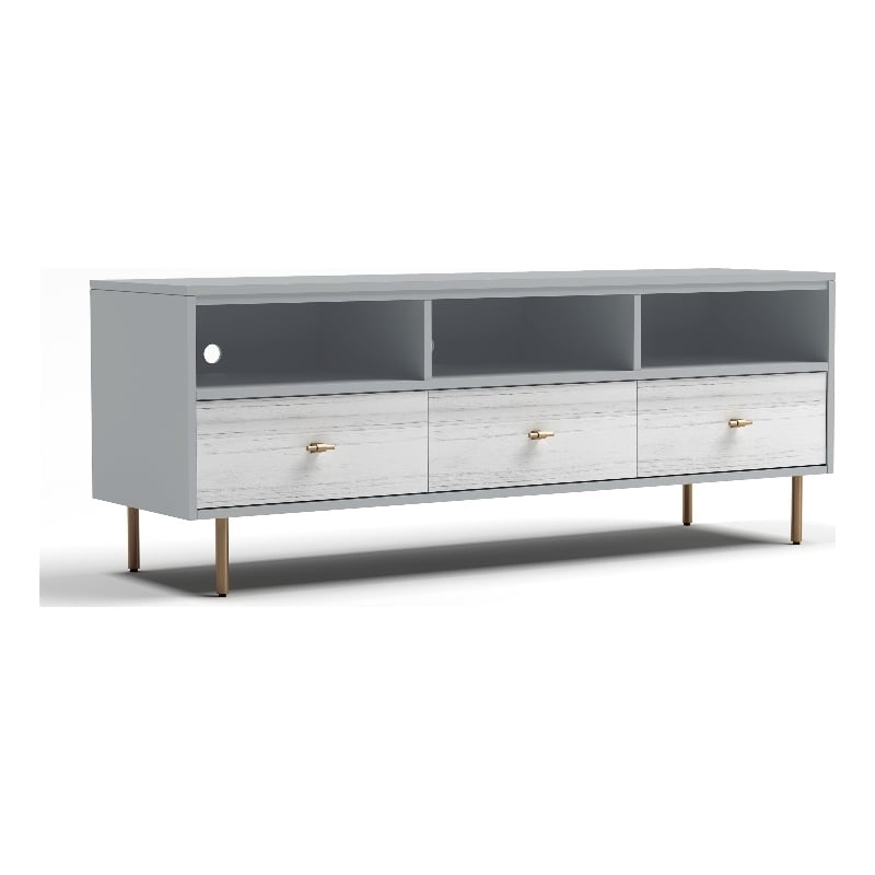 Pemberly Row Saige Wood TV Console with 3 Drawers in Weathered White Gray