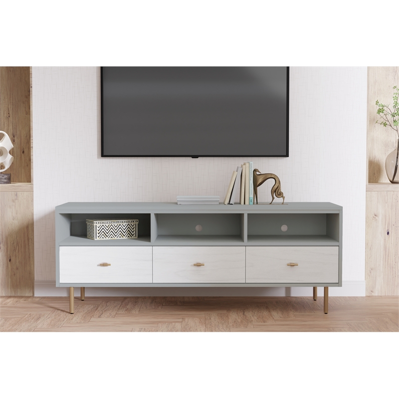 Pemberly Row Saige Wood TV Console with 3 Drawers in Weathered White Gray