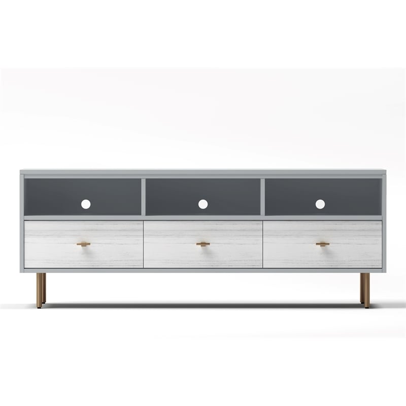 Pemberly Row Saige Wood TV Console with 3 Drawers in Weathered White Gray