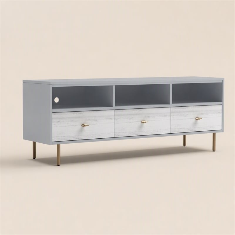 Pemberly Row Saige Wood TV Console with 3 Drawers in Weathered White Gray