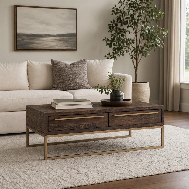 Pemberly Row Coffee Table in Reclaimed Pine Wood Smokey Taupe Finish