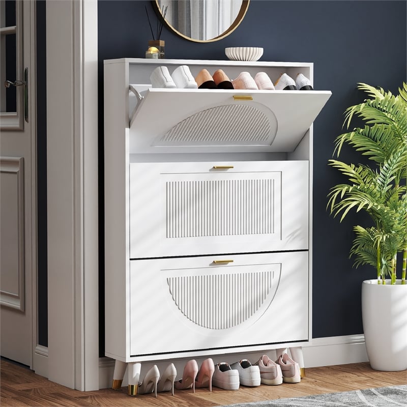 Pemberly Row Modern Fluted Shoe Cabinet with Flip Drawers in White