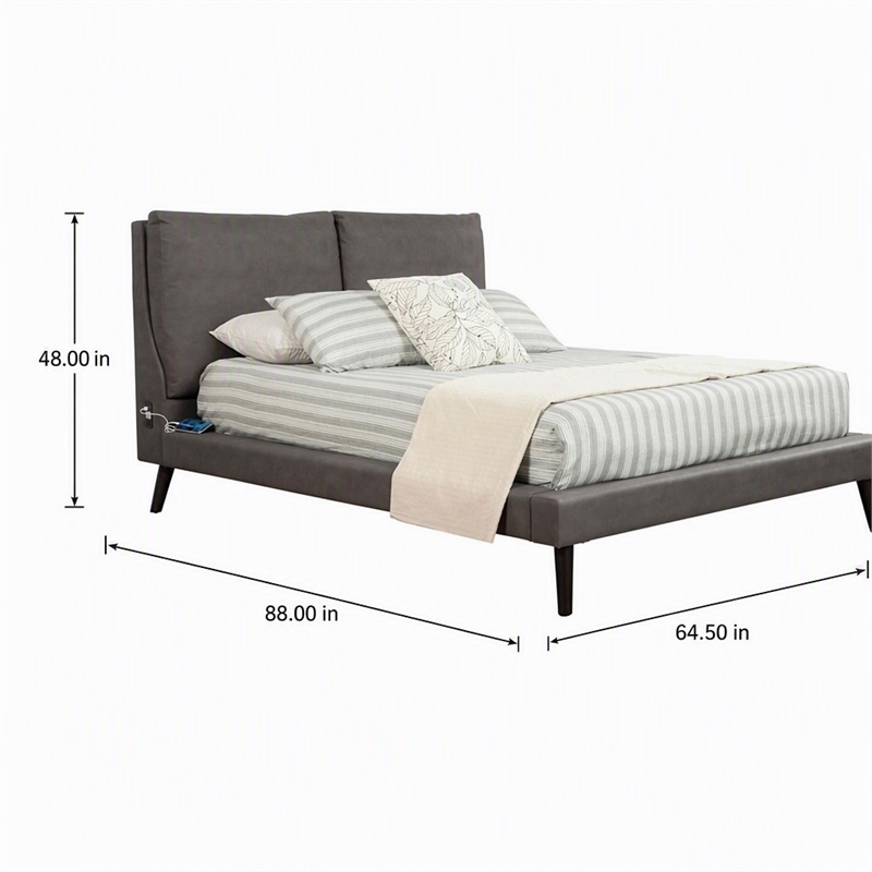 Pemberly Row Full Rubberwood Platform Bed in Gray Upholstery with USB Ports