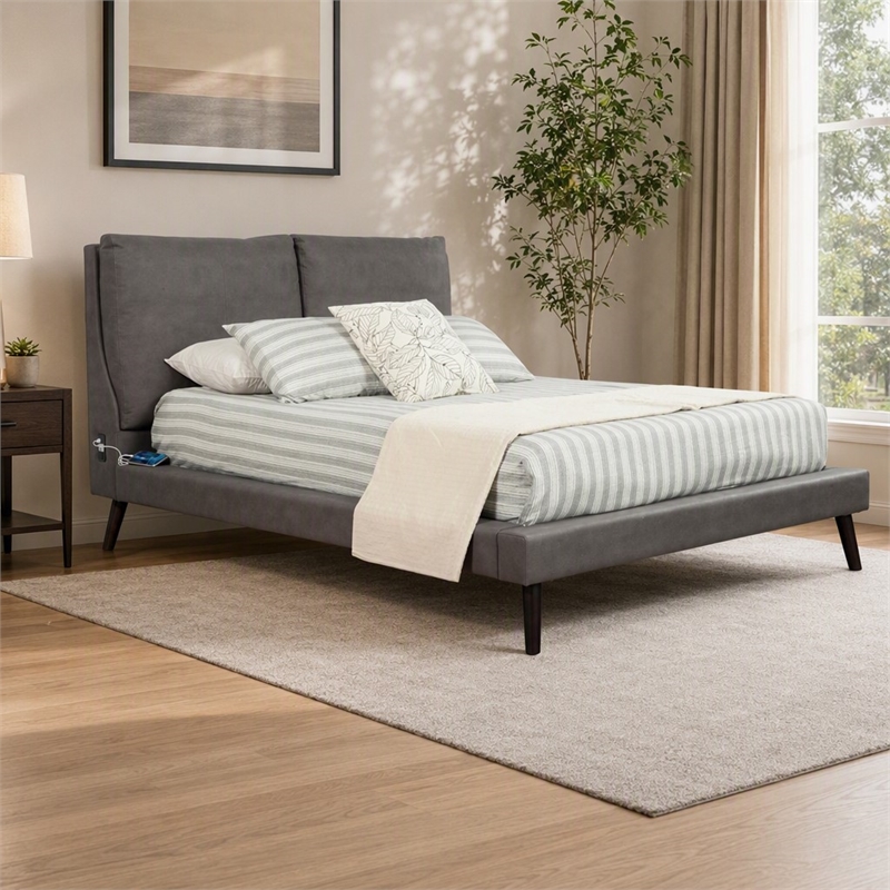 Pemberly Row Full Rubberwood Platform Bed in Gray Upholstery with USB Ports
