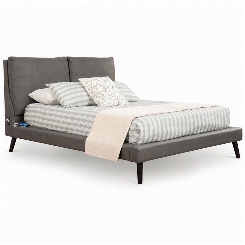 Pemberly Row Full Rubberwood Platform Bed in Gray Upholstery with USB Ports