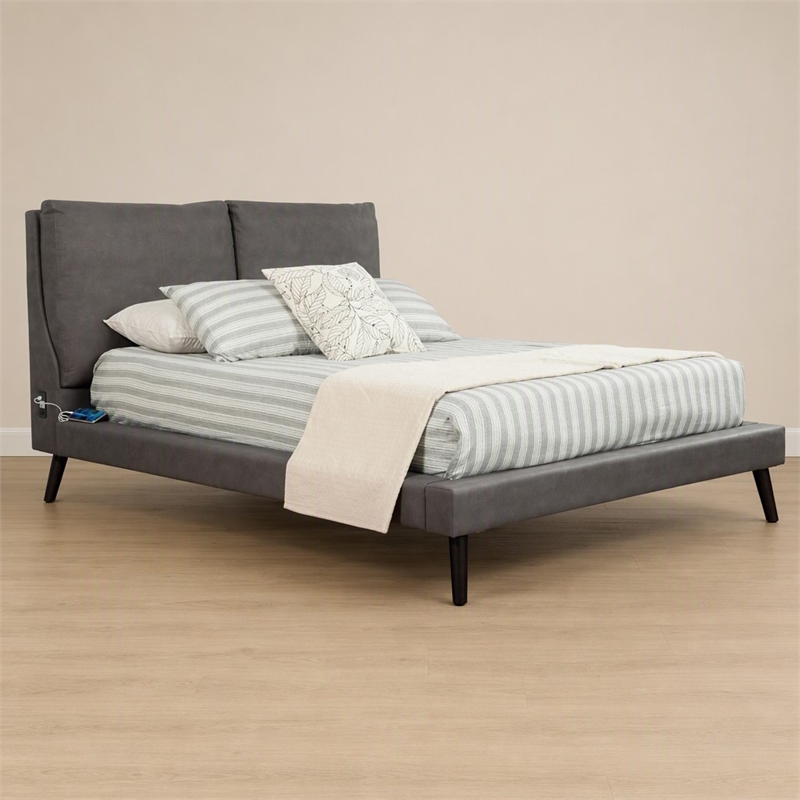 Pemberly Row Full Rubberwood Platform Bed in Gray Upholstery with USB Ports