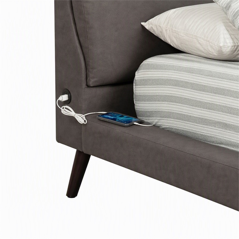 Pemberly Row Full Rubberwood Platform Bed in Gray Upholstery with USB Ports