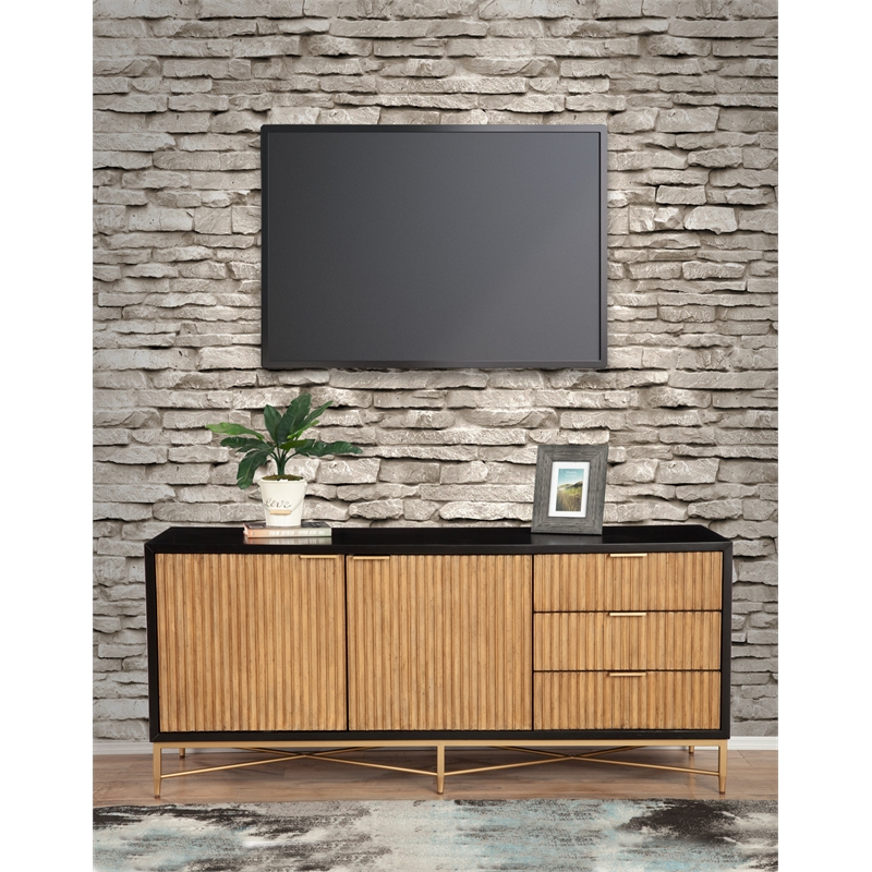 Pemberly Row Larsen TV Console in Mahogany Wood Black/Natural Finish