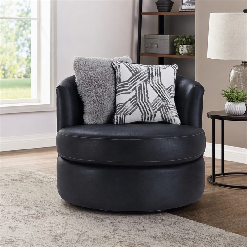 Pemberly Row Swivel Chair in Leather-Look Black Upholstery