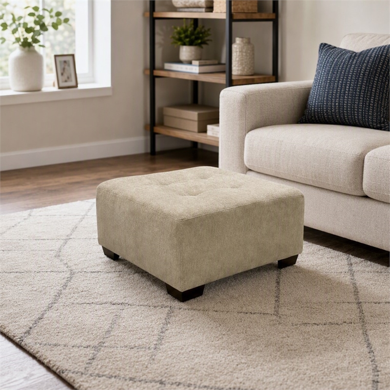 Pemberly Row Ottoman in Neutral Cream Fabric Upholstery