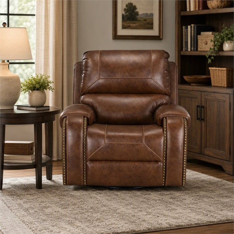 Pemberly Row Manual Winslow Recliner in Faux Brown Leather