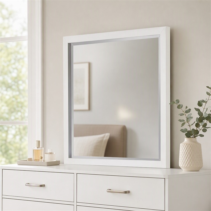 Pemberly Row Mahogany Wood Dresser Mirror in White with Beveled Glass