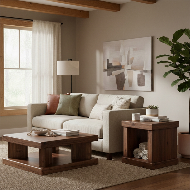 Pemberly Row Sequoia Walnut Veneer Square End Table with Lower Shelf
