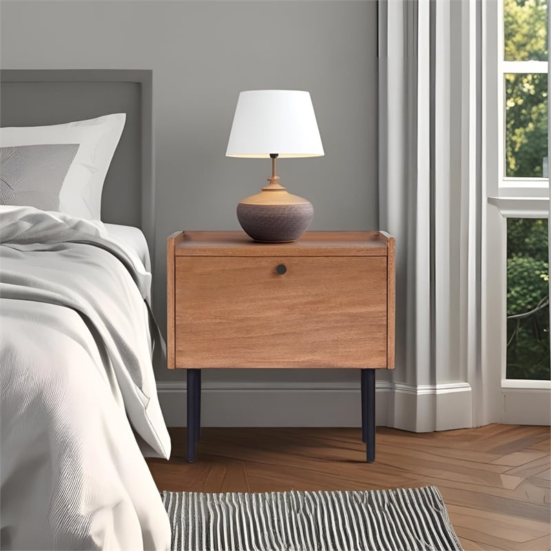 Pemberly Row Chestnut Wood Nightstand with Metal Legs and Drawer