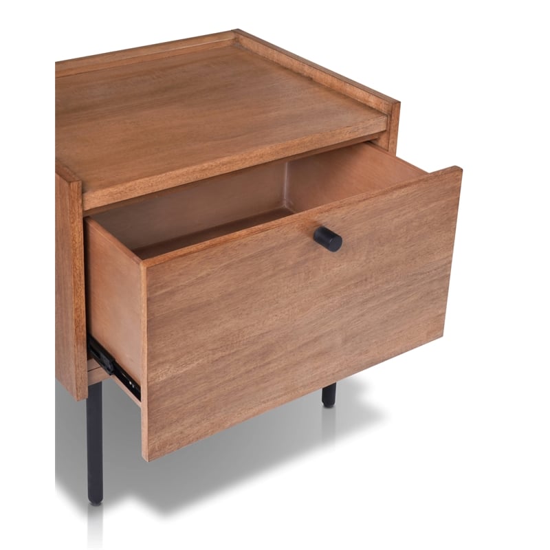 Pemberly Row Chestnut Wood Nightstand with Metal Legs and Drawer