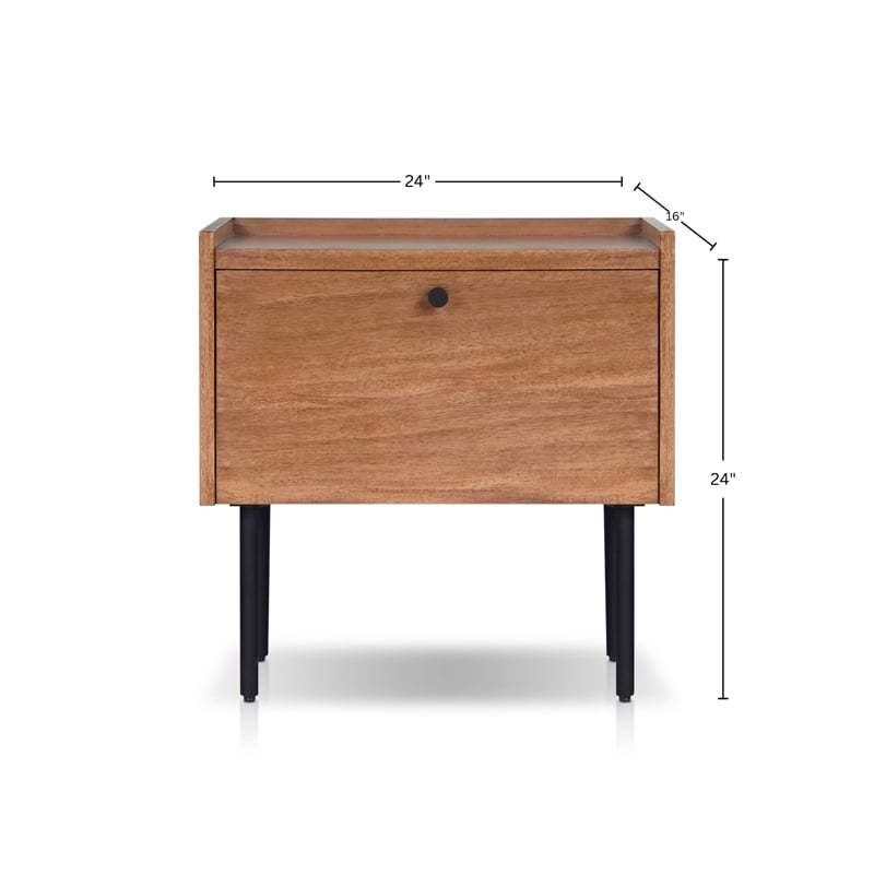 Pemberly Row Chestnut Wood Nightstand with Metal Legs and Drawer