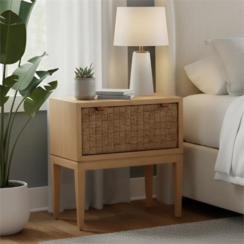 Pemberly Row Nightstand with Seagrass Drawer Face in Natural Brown