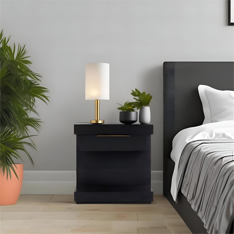 Pemberly Row Nightstand with Fixed Shelf in Black Finish
