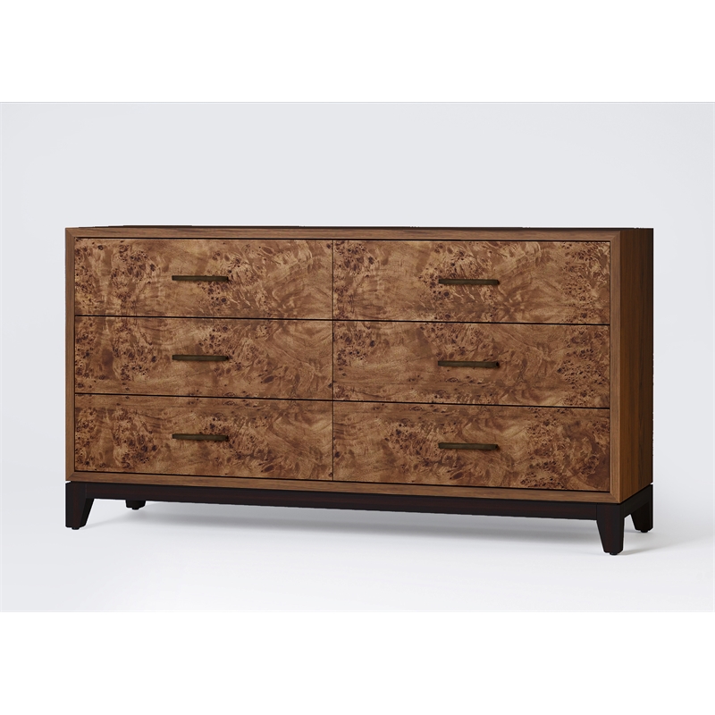 Pemberly Row 6 Drawer Wood Dresser with Burl Veneer in Walnut Brown Finish