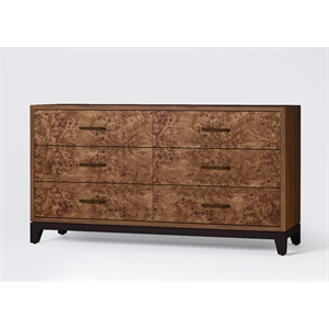 Pemberly Row 6 Drawer Wood Dresser with Burl Veneer in Walnut Brown Finish