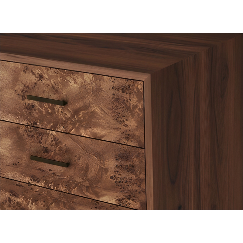 Pemberly Row 6 Drawer Wood Dresser with Burl Veneer in Walnut Brown Finish