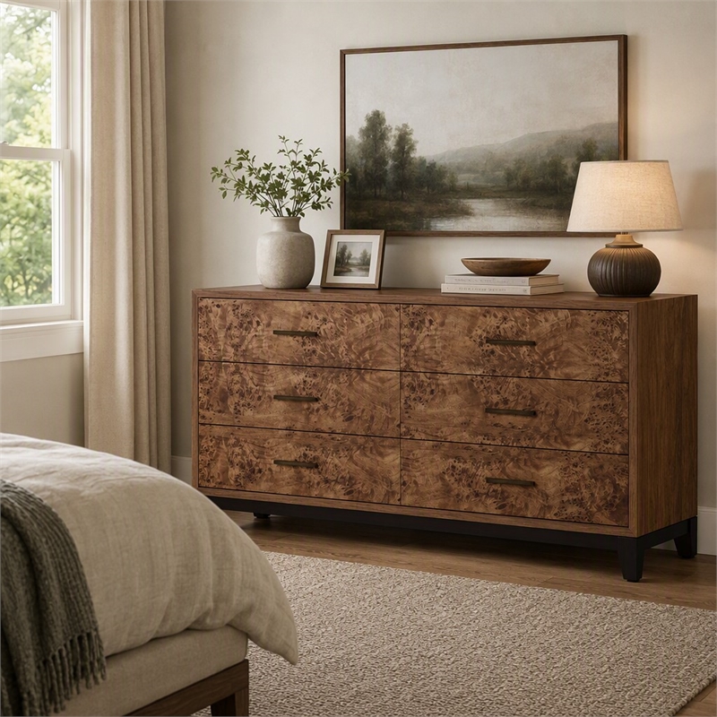 Pemberly Row 6 Drawer Wood Dresser with Burl Veneer in Walnut Brown Finish