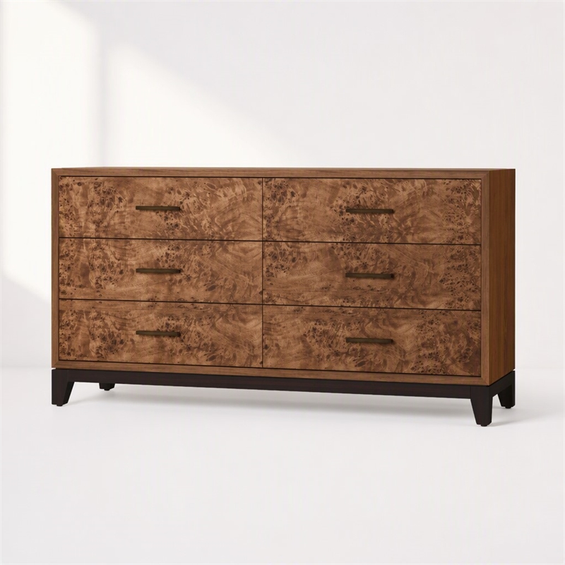 Pemberly Row 6 Drawer Wood Dresser with Burl Veneer in Walnut Brown Finish
