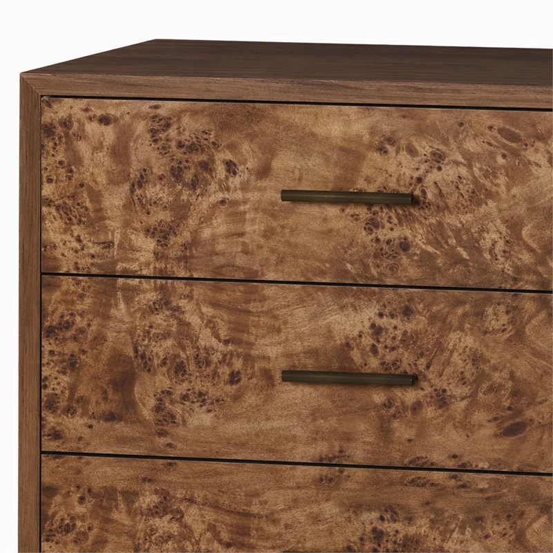 Pemberly Row 6 Drawer Wood Dresser with Burl Veneer in Walnut Brown Finish