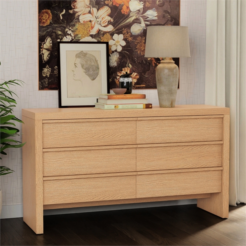 Pemberly Row 6 Drawer Dresser in Natural Wood with Soft-Close Drawers