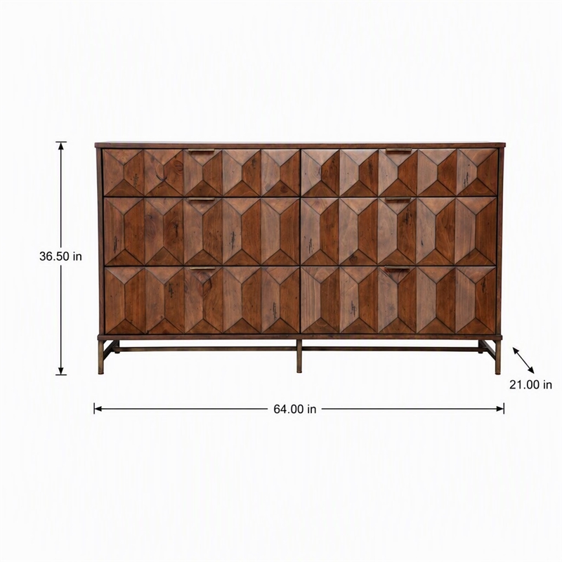 Pemberly Row 6 Drawer Dresser Pine Wood Bronze Metal Base Antique Brown