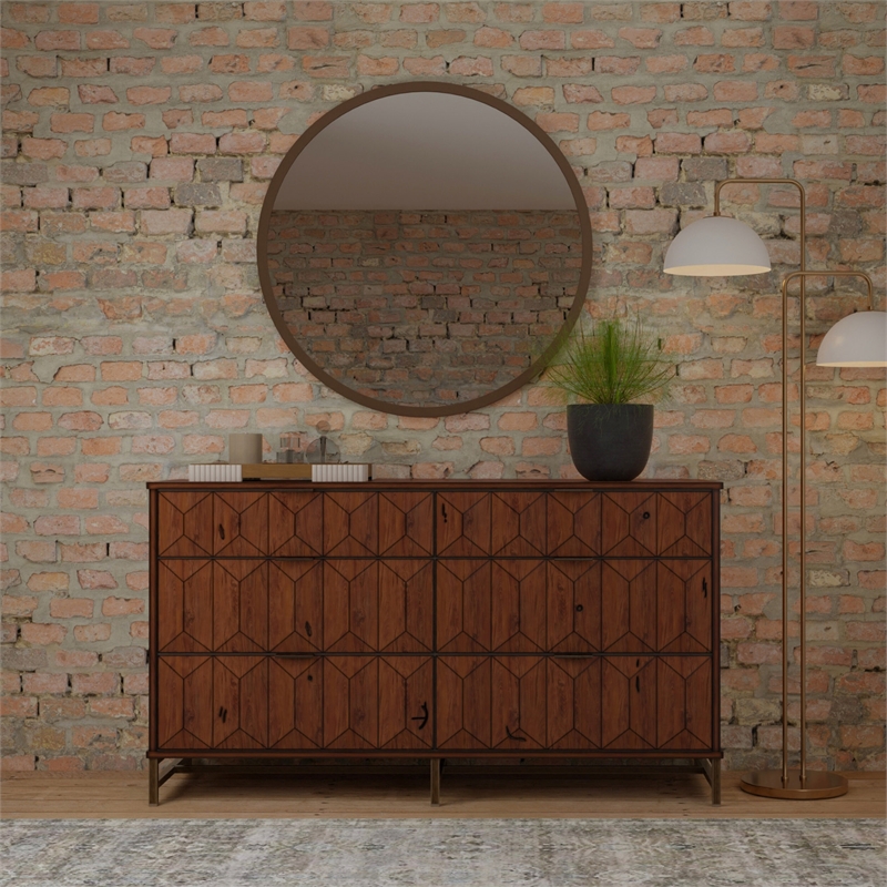 Pemberly Row 6 Drawer Dresser Pine Wood Bronze Metal Base Antique Brown