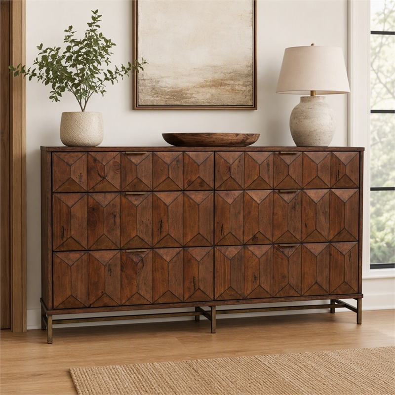 Pemberly Row 6 Drawer Dresser Pine Wood Bronze Metal Base Antique Brown
