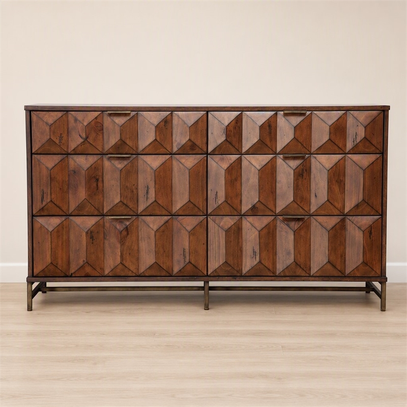Pemberly Row 6 Drawer Dresser Pine Wood Bronze Metal Base Antique Brown